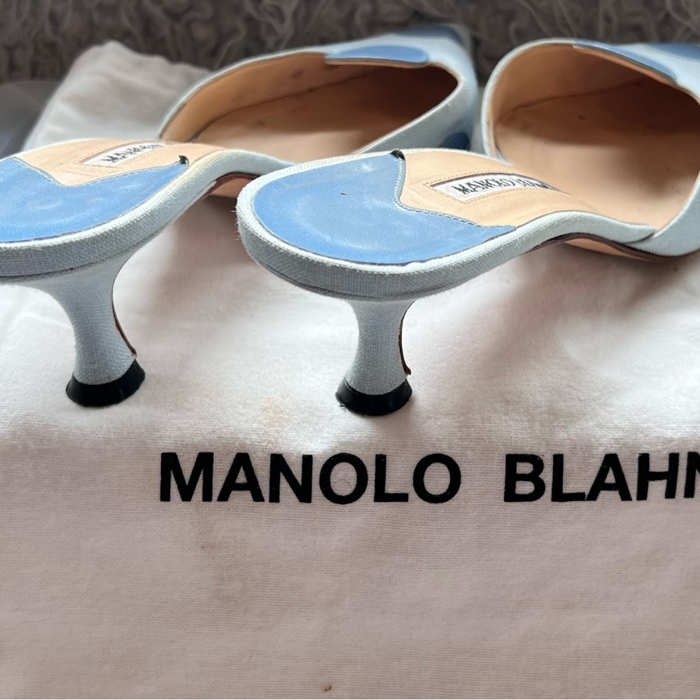 Manolo Blahnik mules - womens size 6.5 / 37.5 - 1.5” kitten heel = blue
